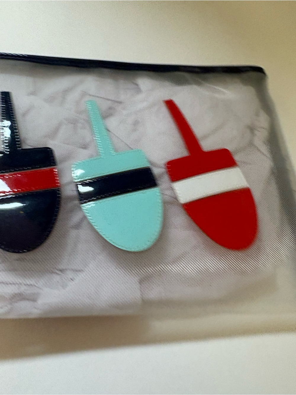 LOLO Clear Mesh Cosmetic Pouch with Trio of Navy, Mint and Red Nautical bobs - Picture 2 of 7
